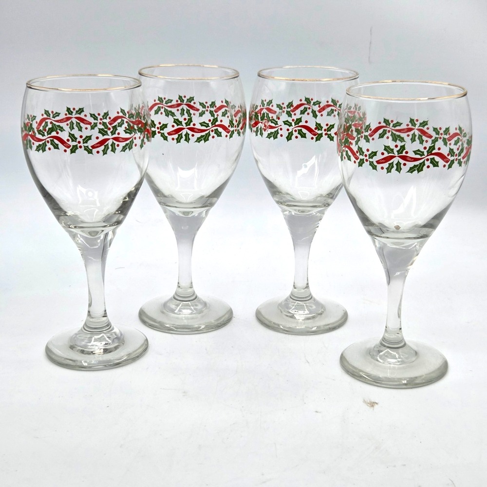 Set of 4 Vintage Libbey Christmas Wine Glasses Holly Ribbon Bow Stem